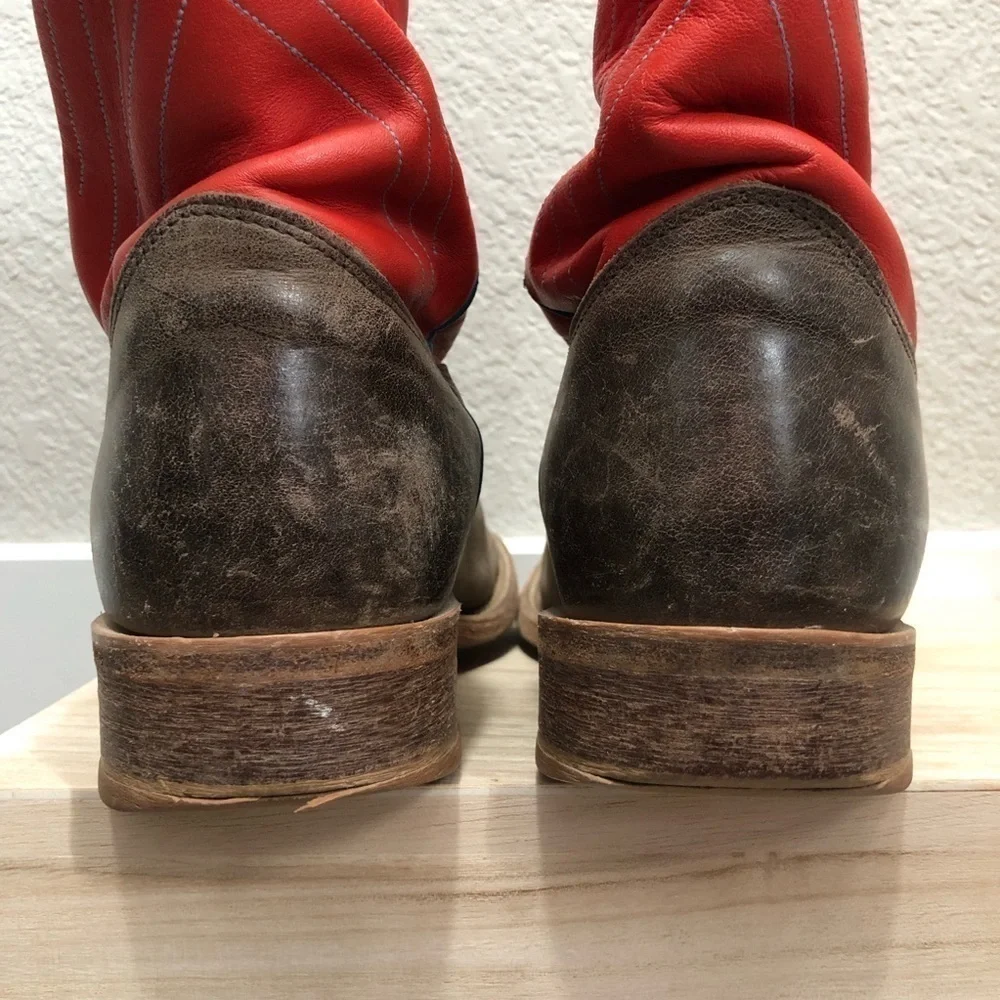 Justin Bent Rail Orange & Brown Leather‎ Square Toe Boots 8.5